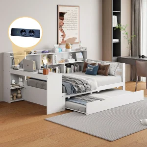 Daybed – 90 x 200 cm + 90 x 190 cm – Slaapbank – opbergruimte + bureau – grenenhout + multiplex + MDF – Wit Daybed – 90 x 200 cm + 90 x 190 cm – Slaapbank – opbergruimte + bureau – grenenhout + multiplex + MDF – Wit