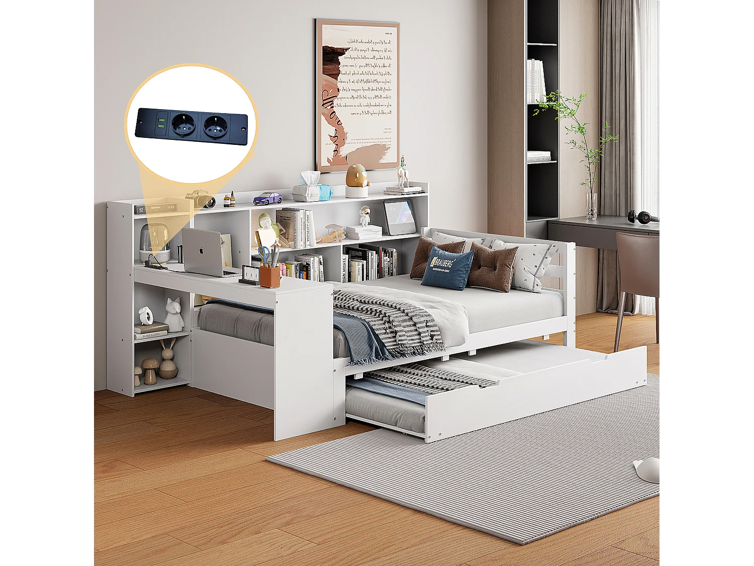 Daybed - 90 x 200 cm + 90 x 190 cm - Slaapbank - opbergruimte + bureau - grenenhout + multiplex + MDF - Wit