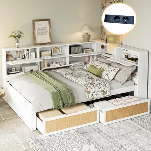 Dagbed – 140 x 200 cm – Slaapbank – 2 lades en stopcontact – grenenhout + multiplex + MDF – Wit
