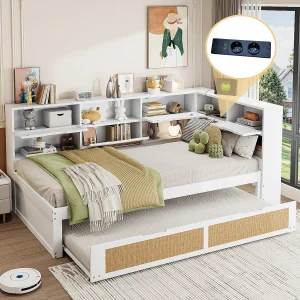 Daybed – 90 x 200 cm + 90 x 190 cm – Slaapbank – opbergruimte – grenenhout + multiplex + MDF – Wit Daybed – 90 x 200 cm + 90 x 190 cm – Slaapbank – opbergruimte – grenenhout + multiplex + MDF – Wit