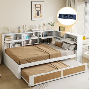 Daybed – 140 x 200 cm – Slaapbank – opbergruimte en stopcontact – grenenhout + multiplex + MDF – Wit Daybed – 140 x 200 cm – Slaapbank – opbergruimte en stopcontact – grenenhout + multiplex + MDF – Wit