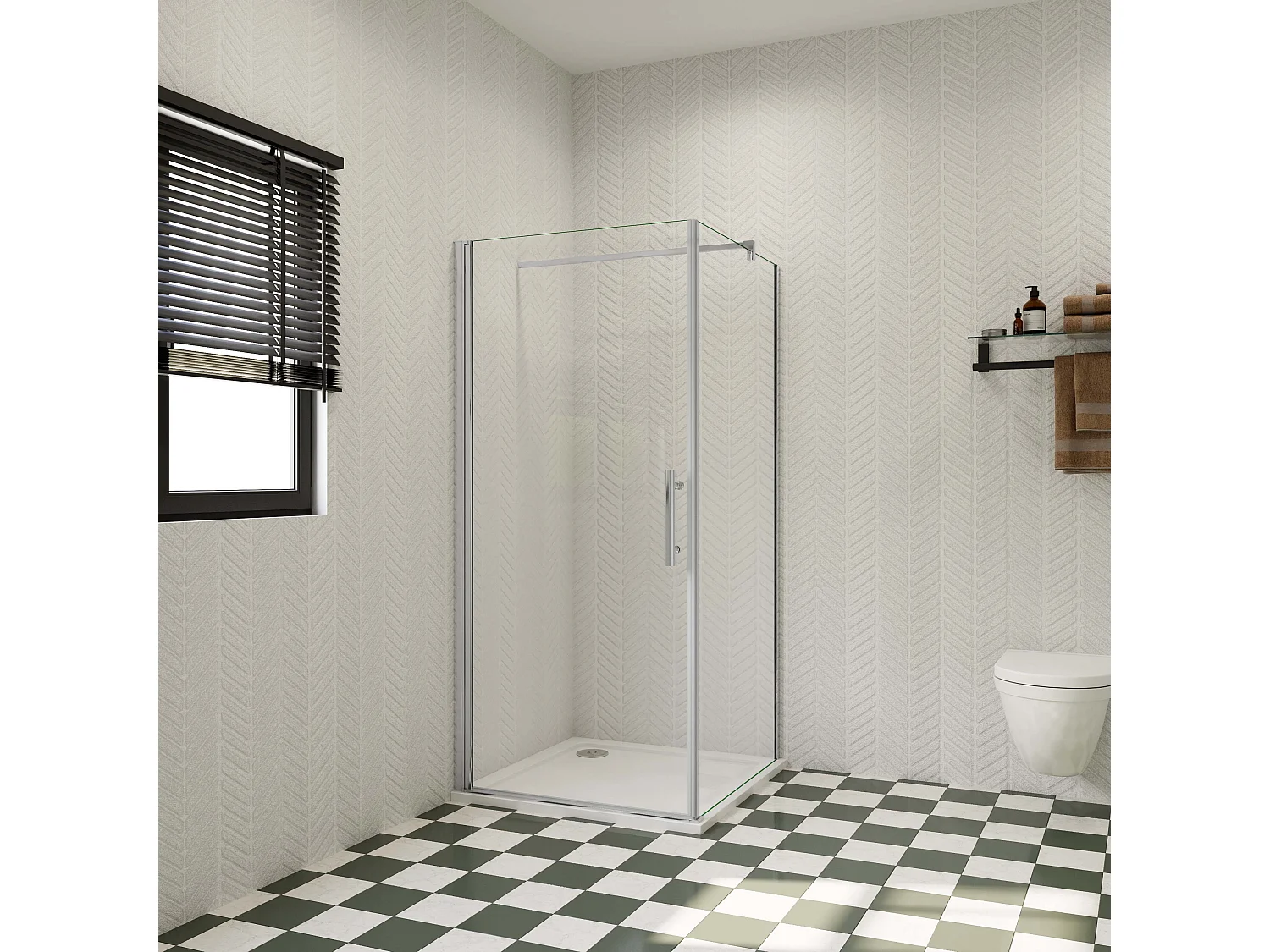 Douchecabine 90x100x185cm,draaideur+zijwand,6mm NANO EasyClean veiligheidsglas,F-vorm:90cm stabilisator (kan worden gesneden),profiel van glanzend chroom.