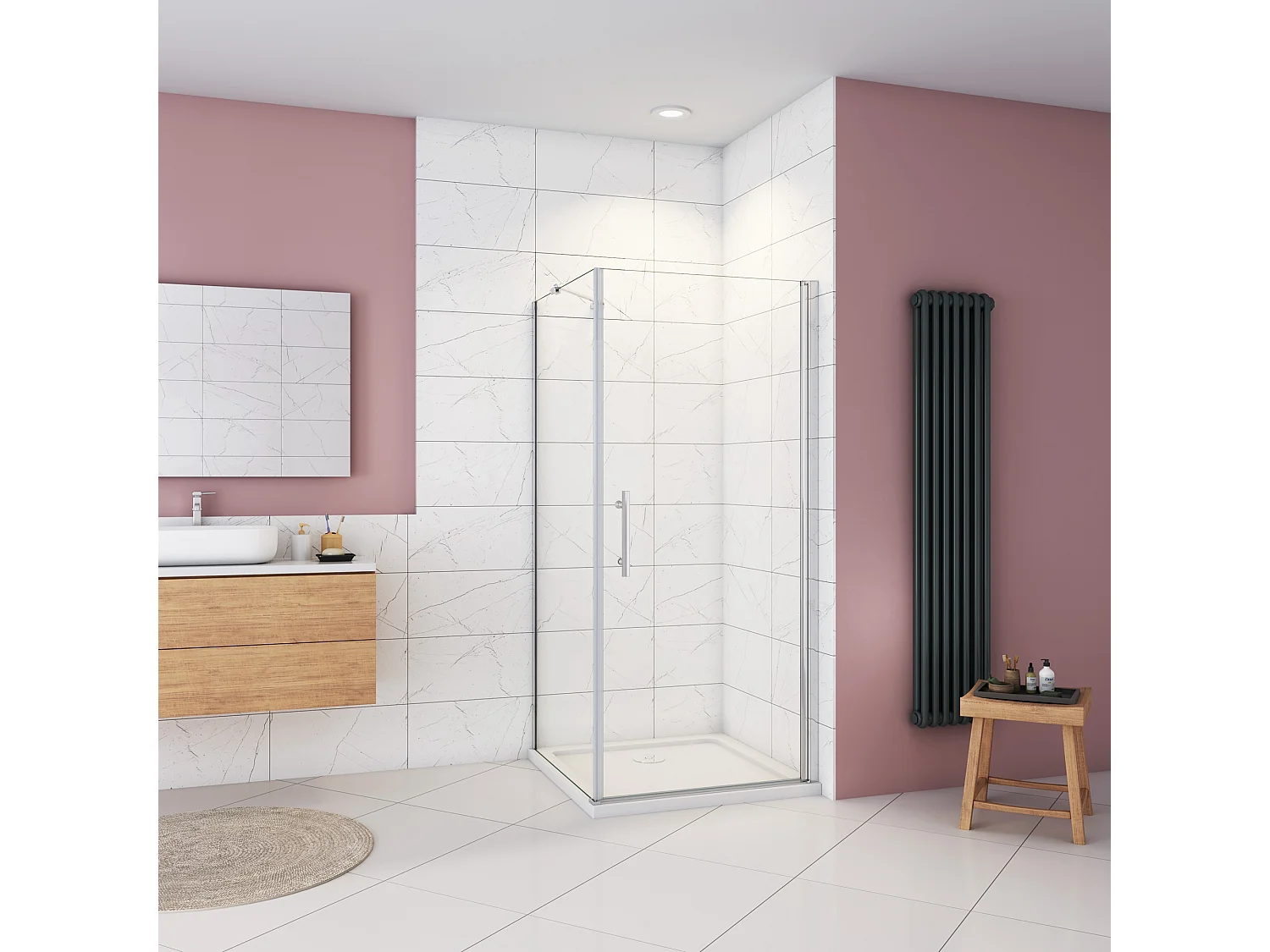 Douchecabine 80x70x185cm,draaideur+zijwand,6mm NANO EasyClean veiligheidsglas,45cm Stabilisatiestang (draaibaar),profiel van glanzend chroom.