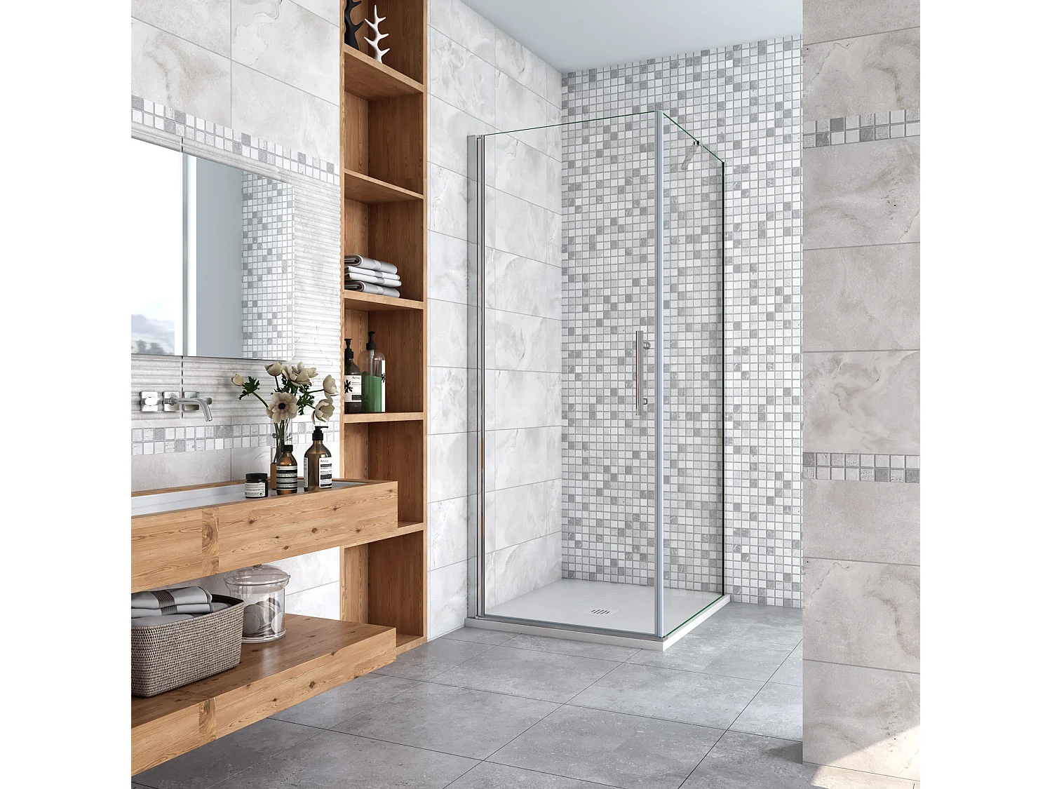 Douchecabine 80x100x185cm,draaideur+zijwand,6mm NANO EasyClean veiligheidsglas,50cm Stabilisatiestang (draaibaar),profiel van glanzend chroom.