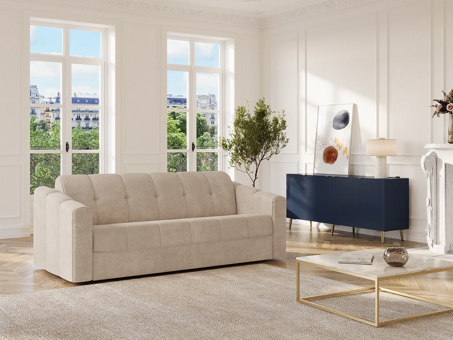 Vierzitsslaapbank express van beige stof met textuur - 160 cm - matras 14 cm, DARIELO