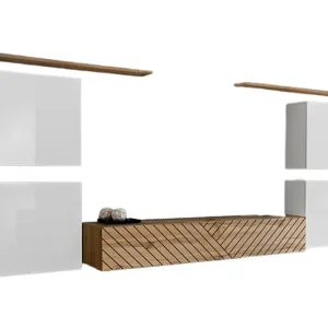 Set van design woonkamermeubels SWITCH IV. Kleuren wit en eik. Afwerkingen in gefreesde eik en glanzend wit. Set van design woonkamermeubels SWITCH IV. Kleuren wit en eik. Afwerkingen in gefreesde eik en glanzend wit.