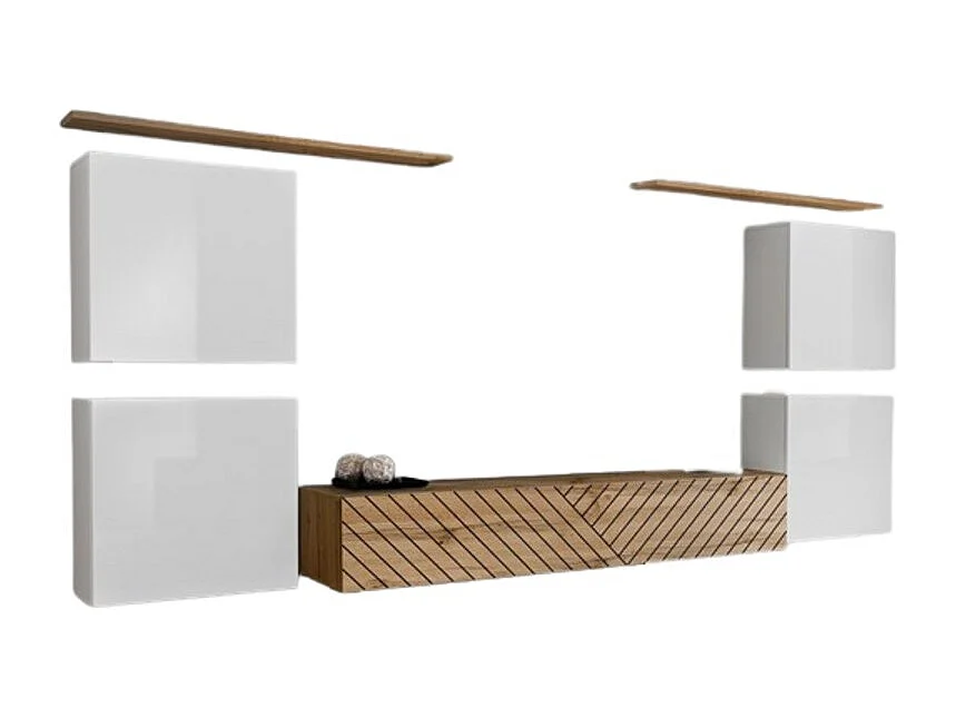 Set van design woonkamermeubels SWITCH IV. Kleuren wit en eik. Afwerkingen in gefreesde eik en glanzend wit.
