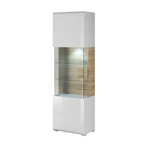 Vitrinedesign collectie OHIO hoog model + LED. Kleur wit en afwerking in eiken look.