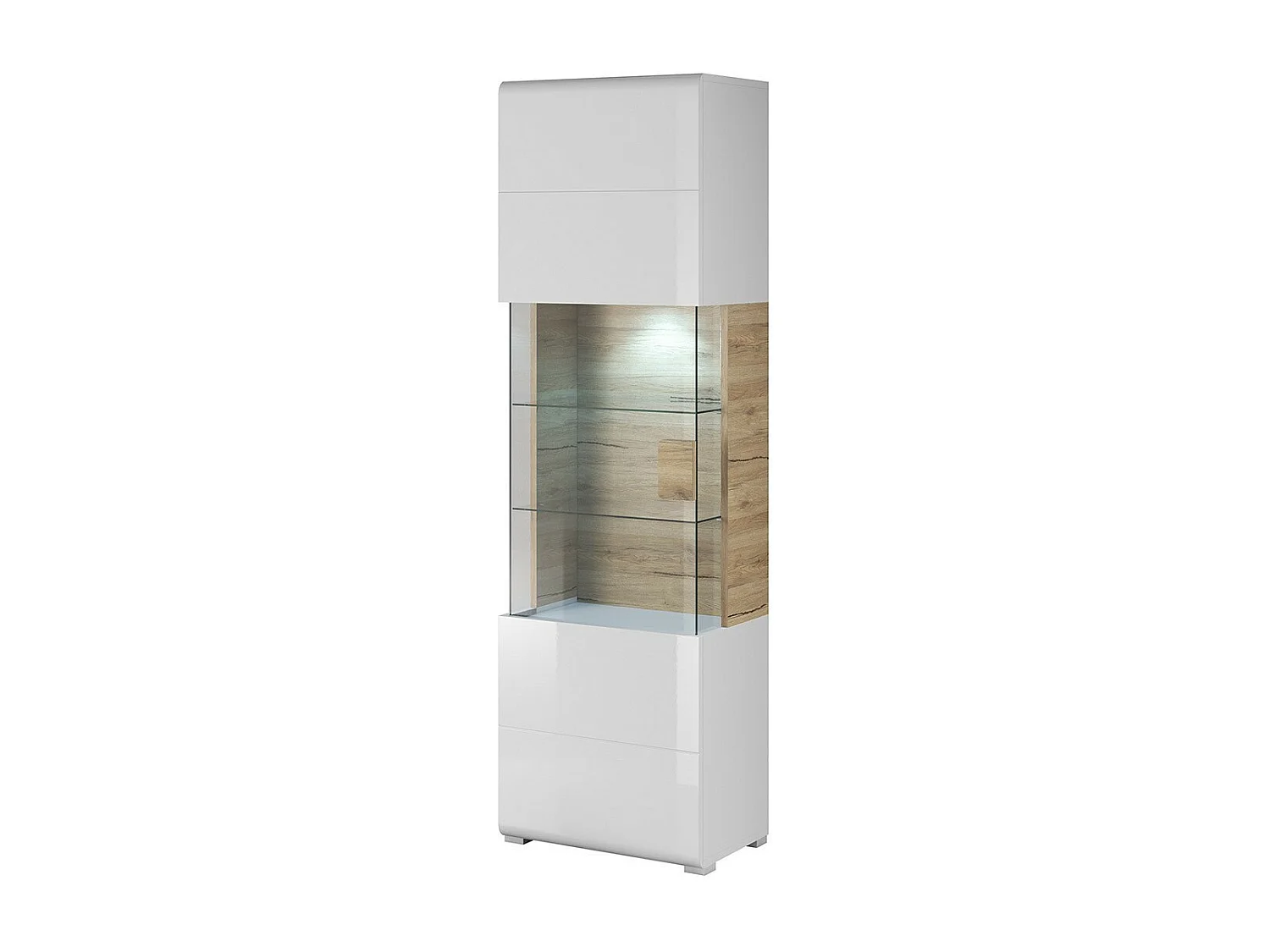 Vitrinedesign collectie OHIO hoog model + LED. Kleur wit en afwerking in eiken look.