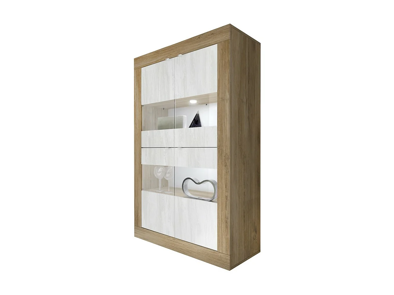 Vitrinedesign 4 deuren collectie ACCESS. Kleuren wit en donker eiken