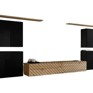 Set van design woonkamermeubels SWITCH IV. Kleuren zwart en eiken. Afwerkingen in glanzend zwart en gefreesd eiken. Set van design woonkamermeubels SWITCH IV. Kleuren zwart en eiken. Afwerkingen in glanzend zwart en gefreesd eiken.