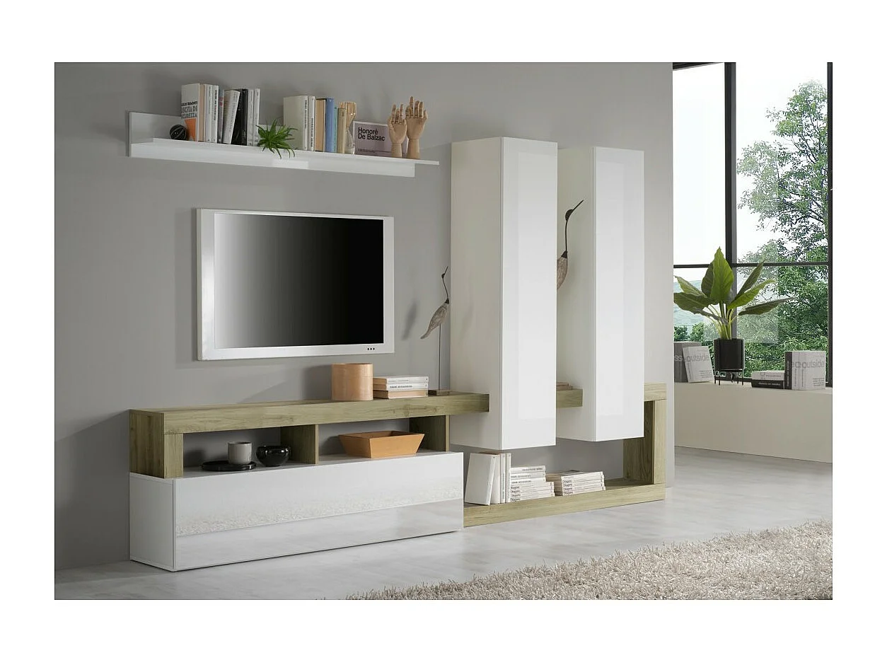 Set van design woonkamermeubels met veel opbergruimte uit de BURA-collectie. Kleuren in gelakt wit en Cadiz eiken.