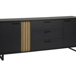 Design buffet 220cm met 2 deuren en 3 laden voor woonkamer in zwart en eiken, LOFT collectie, metalen poten. Design buffet 220cm met 2 deuren en 3 laden voor woonkamer in zwart en eiken, LOFT collectie, metalen poten.