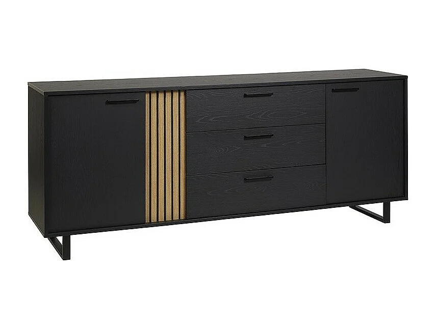 Design buffet 220cm met 2 deuren en 3 laden voor woonkamer in zwart en eiken, LOFT collectie, metalen poten.