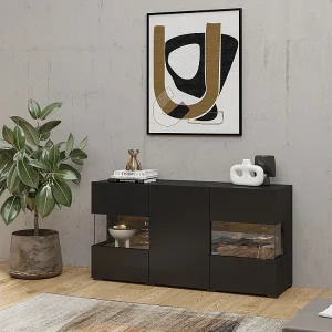 Buffet 120cm collectie EVA 3 deuren. Kleur zwart en eiken.