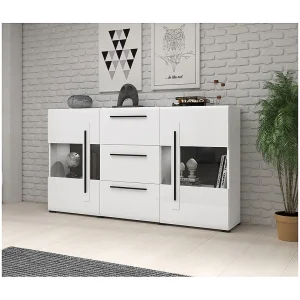Buffet 180cm collectie BREDA met twee deels glazen deuren en drie laden. Kleur wit. Buffet 180cm collectie BREDA met twee deels glazen deuren en drie laden. Kleur wit.