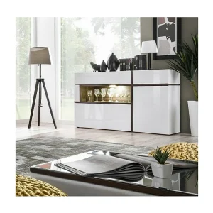 Buffet 2 deuren 2 laden CRISS met LED – Hoogglans wit en hout – Modern design Buffet 2 deuren 2 laden CRISS met LED – Hoogglans wit en hout – Modern design