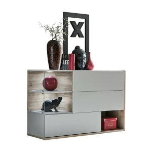 Buffet, dressoir, sideboard KLIS met drie deuren en drie nissen. Kleur parelgrijs en eiken. Design stijl.