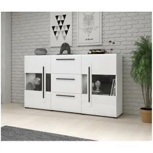 Buffet 180cm collectie BREDA met twee gedeeltelijk glazen deuren en drie laden. Kleur wit Buffet 180cm collectie BREDA met twee gedeeltelijk glazen deuren en drie laden. Kleur wit