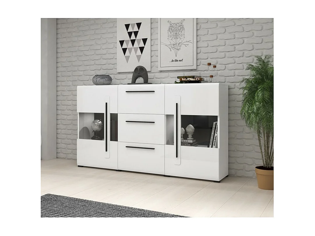 Buffet 180cm collectie BREDA met twee gedeeltelijk glazen deuren en drie laden. Kleur wit