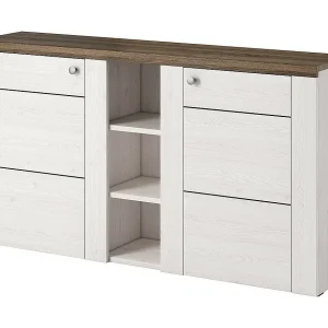 Buffet design 155cm voor woonkamer wit met houteffect en eik collectie SANTIAGO. Buffet design 155cm voor woonkamer wit met houteffect en eik collectie SANTIAGO.