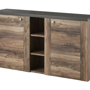 Buffet design 155cm voor woonkamer in walnoot en zwart houteffect collectie SANTIAGO. Buffet design 155cm voor woonkamer in walnoot en zwart houteffect collectie SANTIAGO.