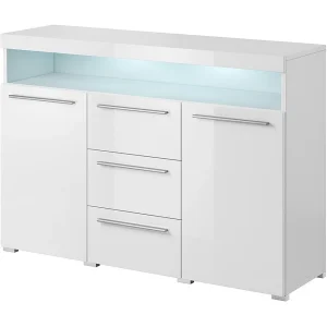 Buffet 130cm voor woonkamer in glanzend wit met ingebouwde multicolor LED-verlichting, collectie BOMBAY. Buffet 130cm voor woonkamer in glanzend wit met ingebouwde multicolor LED-verlichting, collectie BOMBAY.