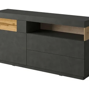 Buffetcollectie KILES 170cm, ingebouwde LED. Kleur antracietgrijs en eiken. Designstijl