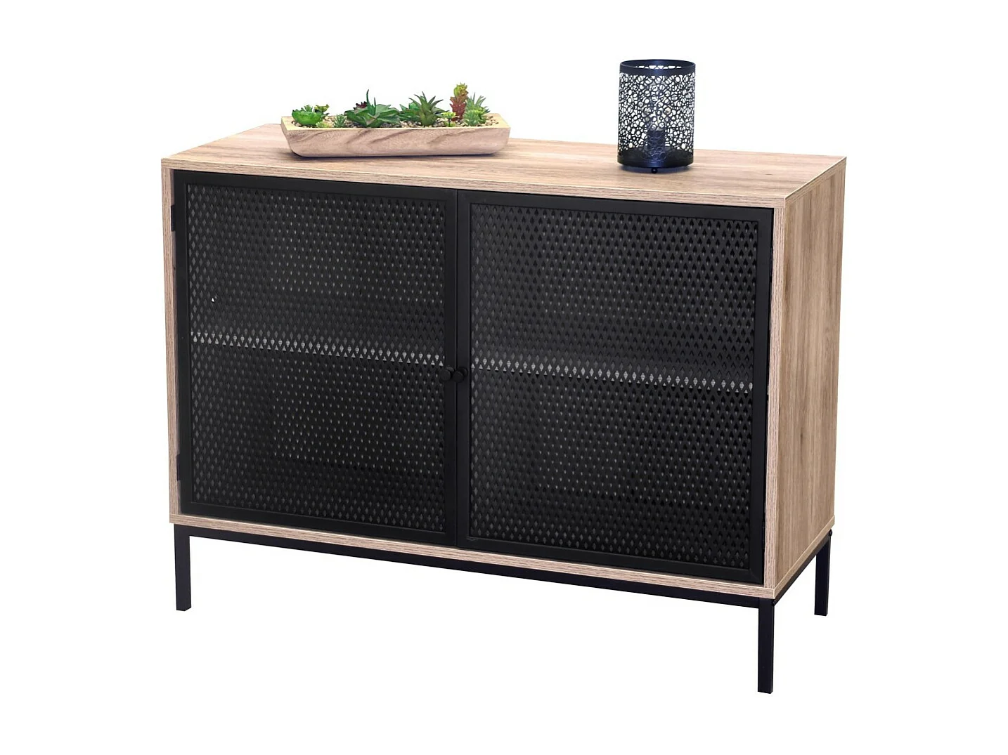 Buffet 2 deuren met zwart metalen rooster - Licht eiken kleur, afmetingen 100x40xH75 cm - Collectie METALIX
