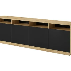 Buffet XL 240cm collectie VILLA. Kleur eiken en zwart. 4 deuren en 4 verlichte nissen.