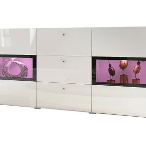 Buffet RAMOS – Kleur glanzend wit en zwart – Ingebouwde multicolor LED's – 2 glazen deuren + 3 laden
