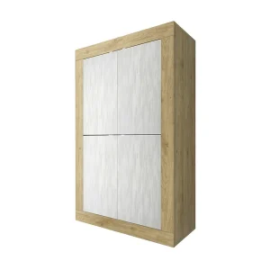 Buffet design met 4 deuren, houten collectie ACCESS. Kleur wit en licht eiken.