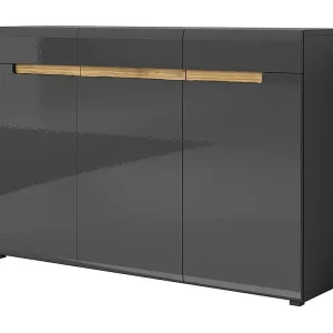 Design ladekast LUCIA, met 3 deuren en 3 laden. Kleur glanzend grijs en eiken Design ladekast LUCIA, met 3 deuren en 3 laden. Kleur glanzend grijs en eiken