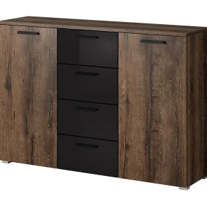Stijlvolle dressoir met 2 deuren en 4 laden 130cm. Collectie FLOYD in donkereiken kleur en glanzend zwart Stijlvolle dressoir met 2 deuren en 4 laden 130cm. Collectie FLOYD in donkereiken kleur en glanzend zwart