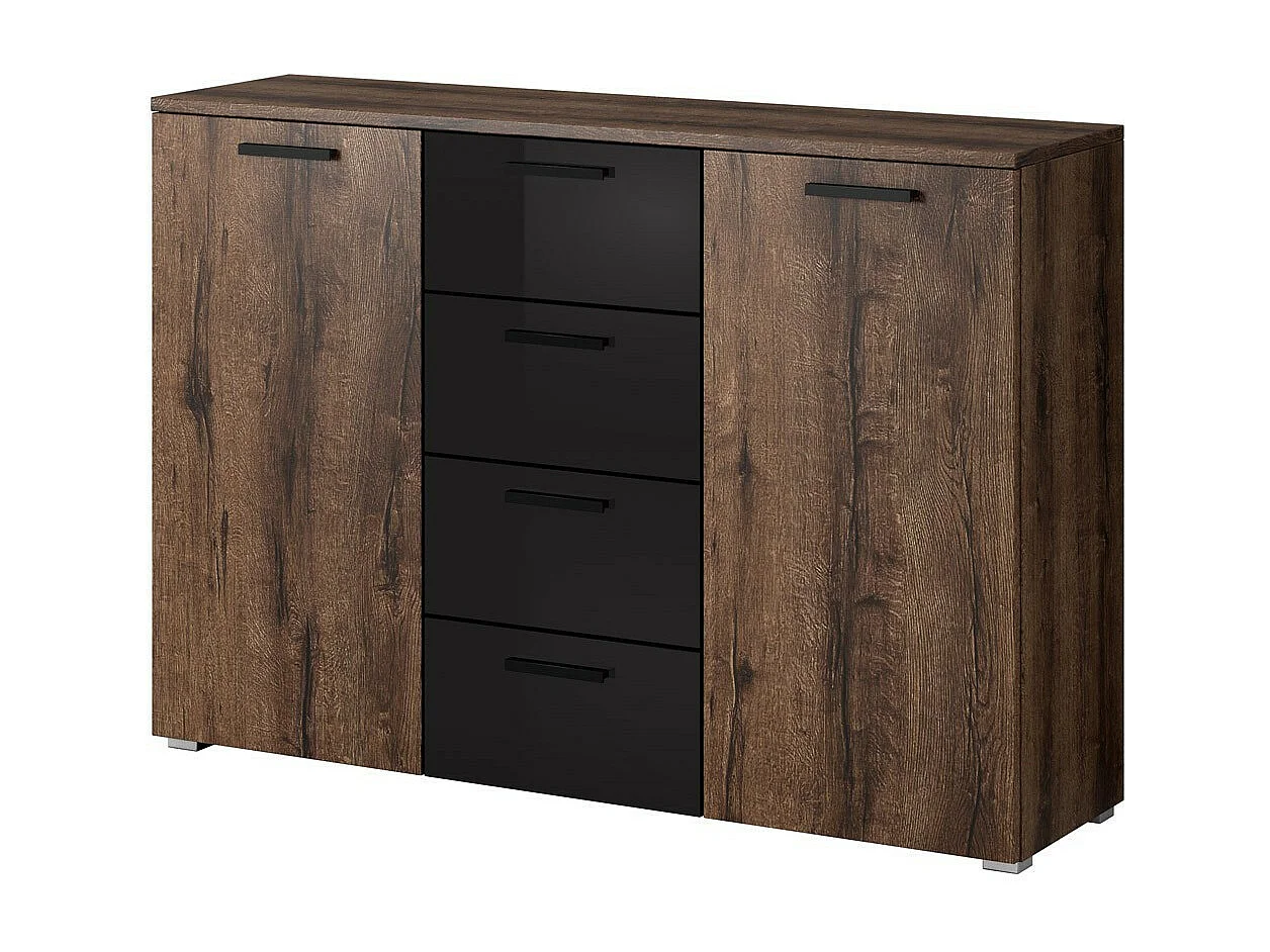 Stijlvolle dressoir met 2 deuren en 4 laden 130cm. Collectie FLOYD in donkereiken kleur en glanzend zwart