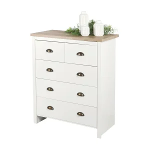 Commodeskast met 5 laden in koloniale stijl – 80×39,5xH97,5 cm, kleur wit en licht eiken blad – Collectie MADERA Commodeskast met 5 laden in koloniale stijl – 80×39,5xH97,5 cm, kleur wit en licht eiken blad – Collectie MADERA