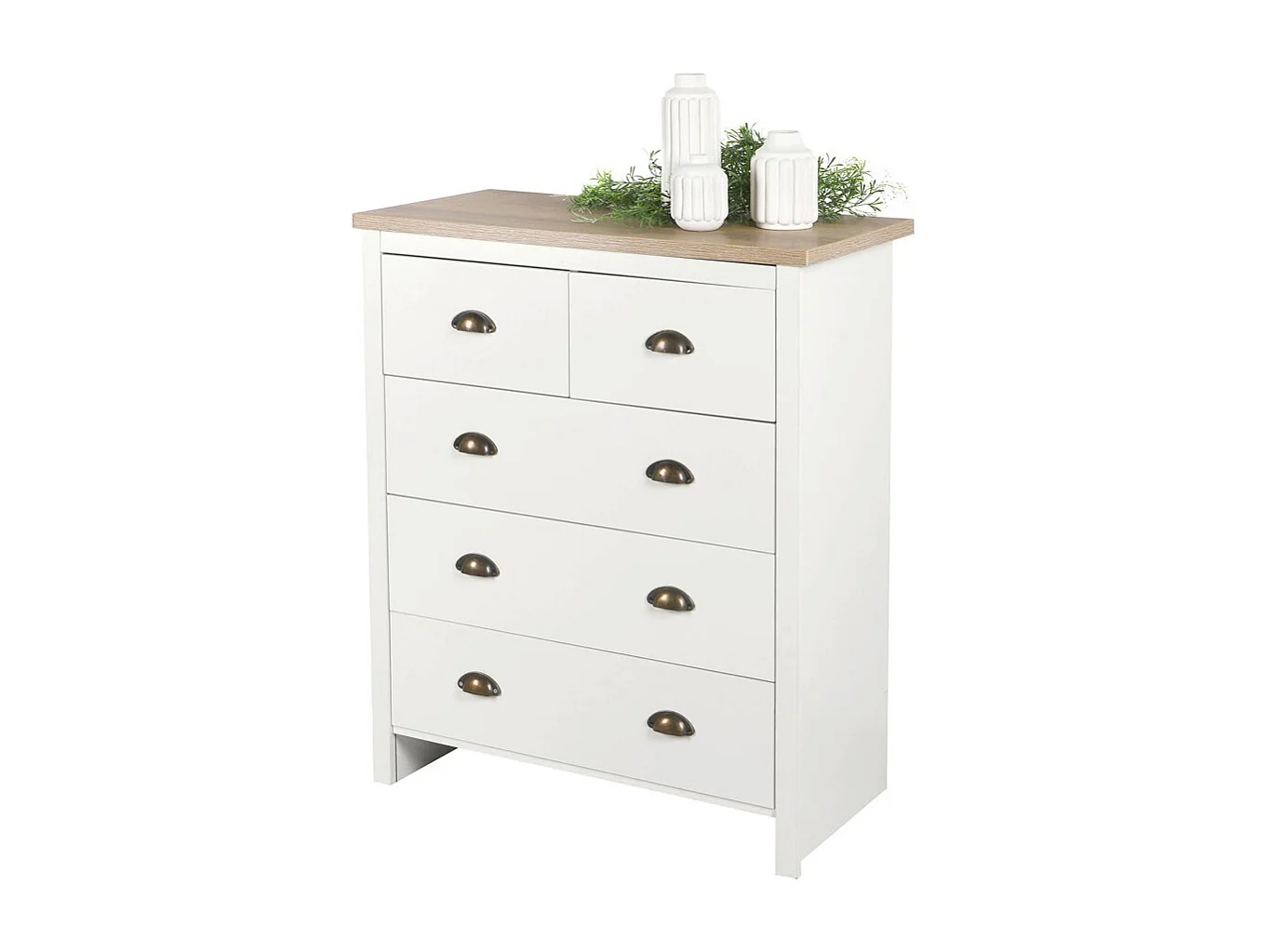 Commodeskast met 5 laden in koloniale stijl – 80x39,5xH97,5 cm, kleur wit en licht eiken blad – Collectie MADERA