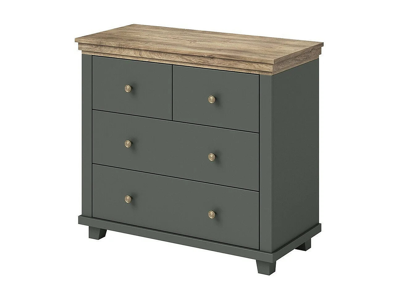 Design dressoir met 4 laden. Kleur kakigroen en eiken. Collectie ASSIA