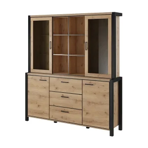 Buffet- en hutchset met LED-verlichting uit de BOWIE-collectie. Meubelstuk met 4 deuren, 3 laden. Kleur eiken en zwart. Buffet- en hutchset met LED-verlichting uit de BOWIE-collectie. Meubelstuk met 4 deuren, 3 laden. Kleur eiken en zwart.