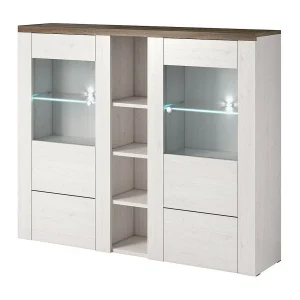 Buffetkast design met 2 deuren voor woonkamer in witte kleur met houteffect en eiken. Collectie SANTIAGO. Buffetkast design met 2 deuren voor woonkamer in witte kleur met houteffect en eiken. Collectie SANTIAGO.