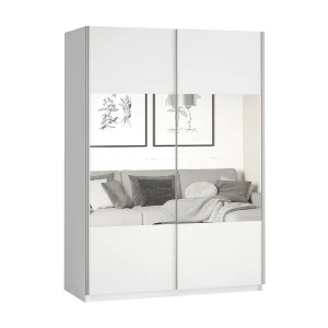 Kledingkast design 150cm. 2 deuren met verstelbare spiegels. Mat witte kleur. Collectie EOS