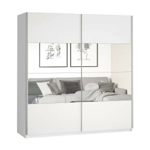 Kledingkast design 200cm. 2 deuren met verstelbare spiegels. Mat witte kleur. Collectie EOS