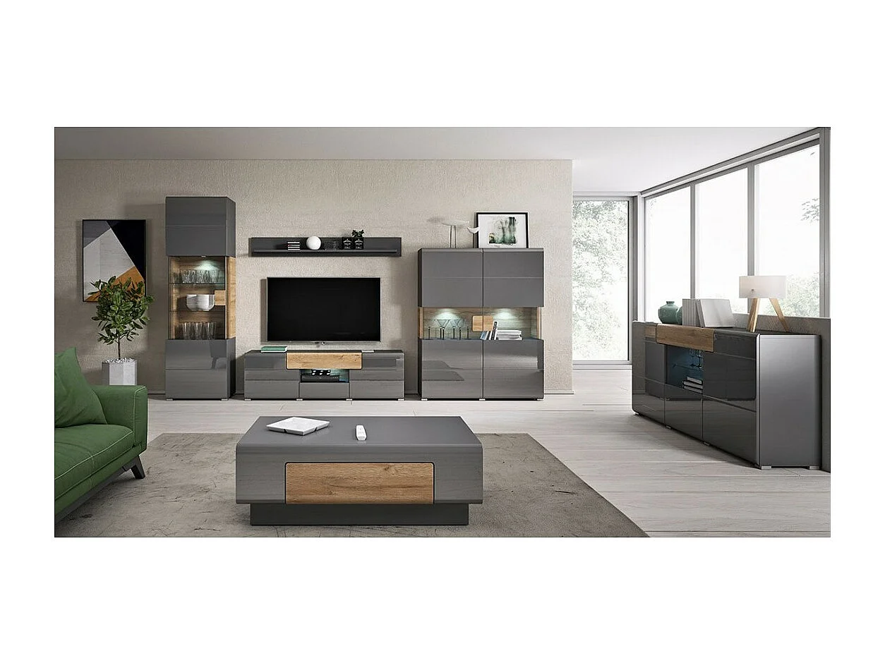 Volledige set van 6 meubels uit de OHIO collectie voor de woonkamer. Kleur grijs en eiken effect.