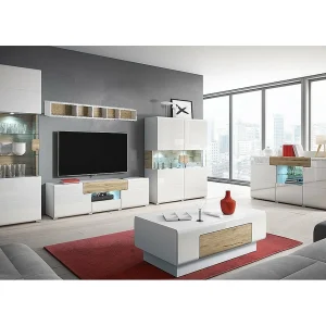 Volledige set van 6 meubels van de OHIO-collectie voor de woonkamer. Kleur wit en eiken effect.
