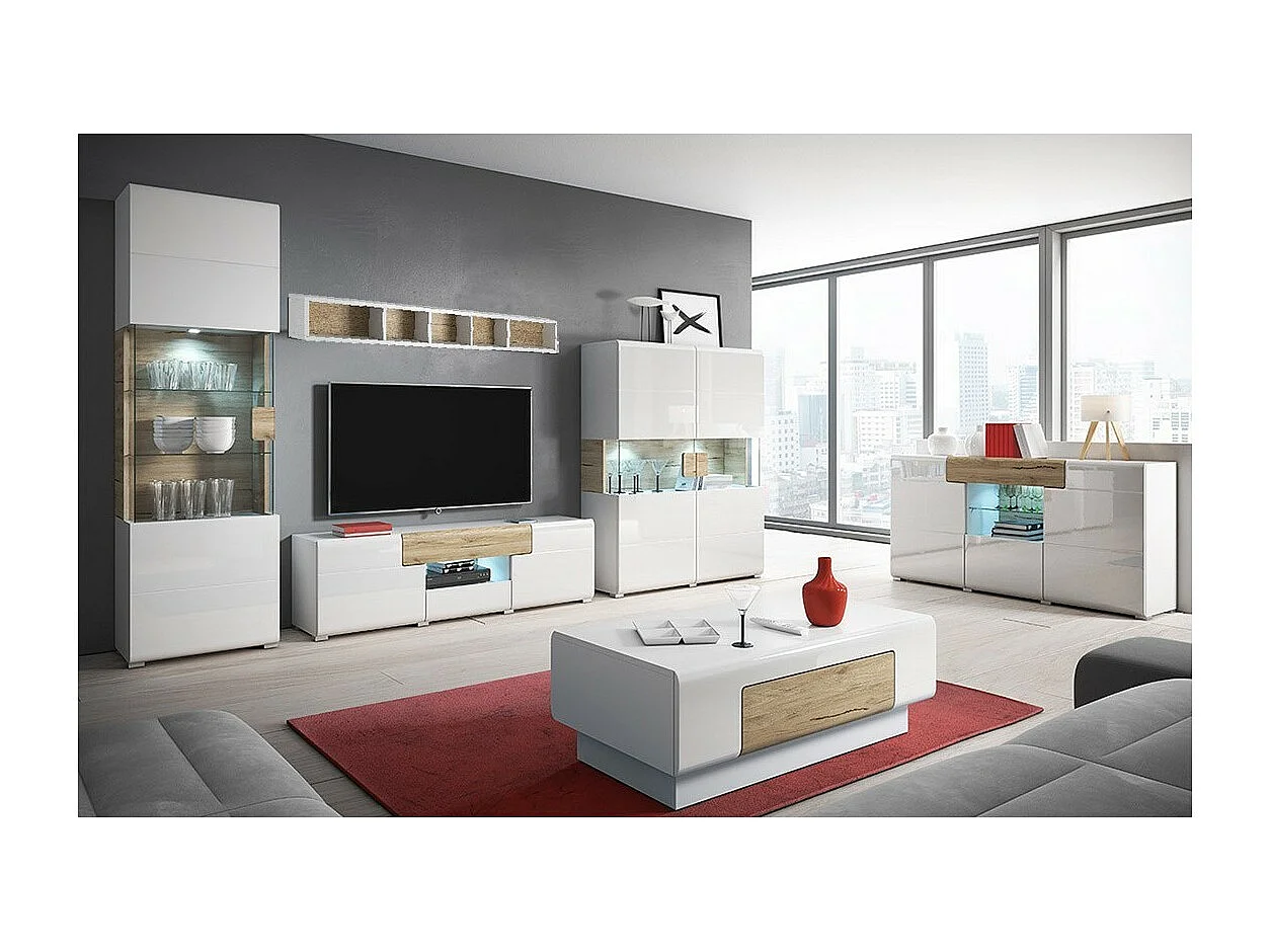 Volledige set van 6 meubels van de OHIO-collectie voor de woonkamer. Kleur wit en eiken effect.