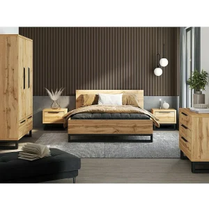 Complete slaapkamer in industriële stijl, MILOS collectie: kledingkast met 3 deuren, bed 180×200, commode, nachtkastjes, ruw eiken en zwart Complete slaapkamer in industriële stijl, MILOS collectie: kledingkast met 3 deuren, bed 180×200, commode, nachtkastjes, ruw eiken en zwart