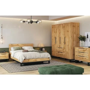 Complete industriële stijl slaapkamer set uit de MILOS collectie: kledingkast, opbergbed 140×200, dressoir, nachtkastjes, ruw eiken en zwart Complete industriële stijl slaapkamer set uit de MILOS collectie: kledingkast, opbergbed 140×200, dressoir, nachtkastjes, ruw eiken en zwart