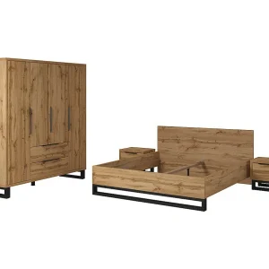 Complete industriële slaapkamer MILOS: Kledingkast met 4 deuren, bed 180×200, commode, nachtkastjes, ruw eiken/zwart Complete industriële slaapkamer MILOS: Kledingkast met 4 deuren, bed 180×200, commode, nachtkastjes, ruw eiken/zwart