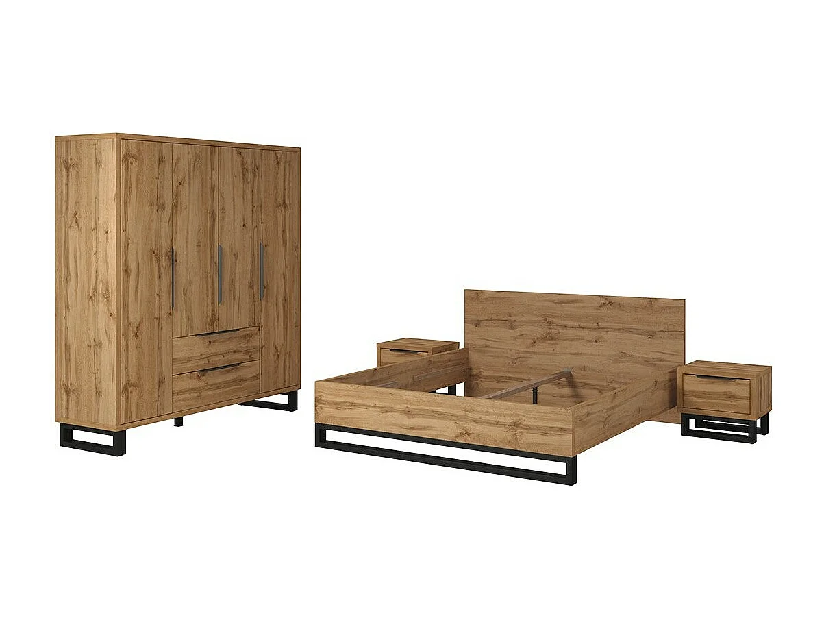 Complete industriële slaapkamer MILOS: Kledingkast met 4 deuren, bed 180x200, commode, nachtkastjes, ruw eiken/zwart