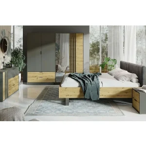 Volledige slaapkamer set IZO: Kast, bed 160×200, commode, nachtkastjes, eiken/antraciet grijs